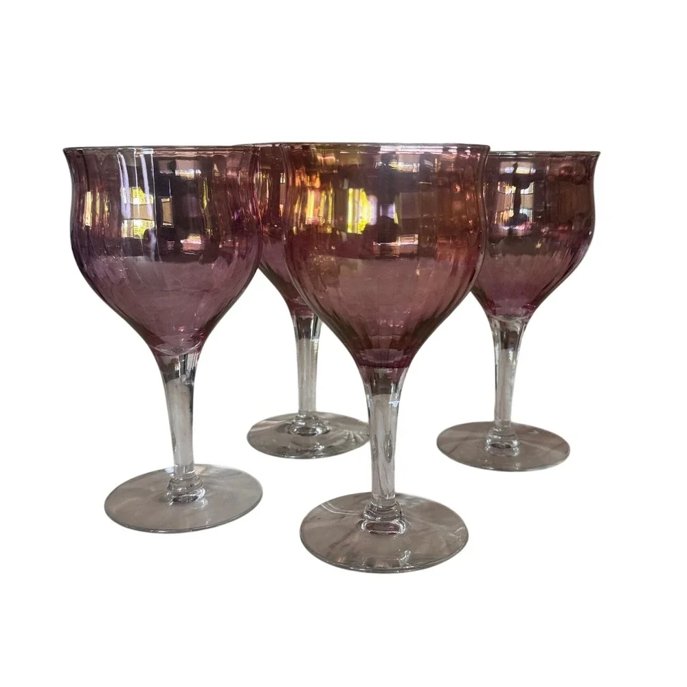 Vintage Amethyst Purple Iridescent Optic Ribbed Wine Glasses Set of 4, 6.5